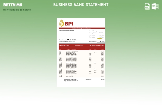 Модерен стил Деловна изјава на Банката на Филипините Острови Word и PDF шаблон
